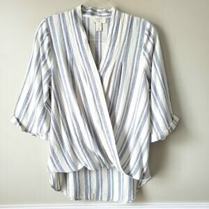 Women Ivory Blue Stripe Linen Wrap Top Shirt XS Beach Scandi Casual Summer